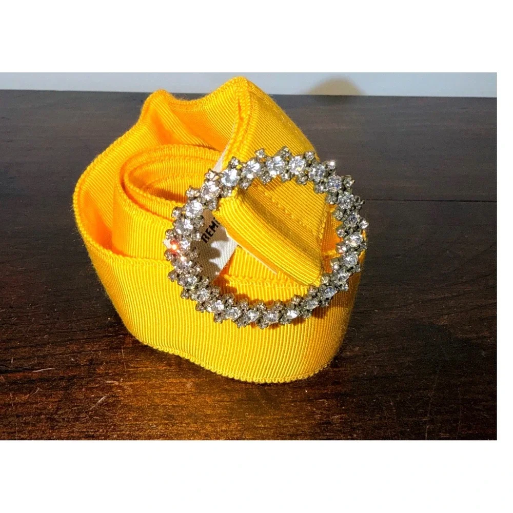 J. Crew Yellow Rayon Belt Crystal Jewel Buckle M L Accent Fashion #97278 - Picture 1 of 6